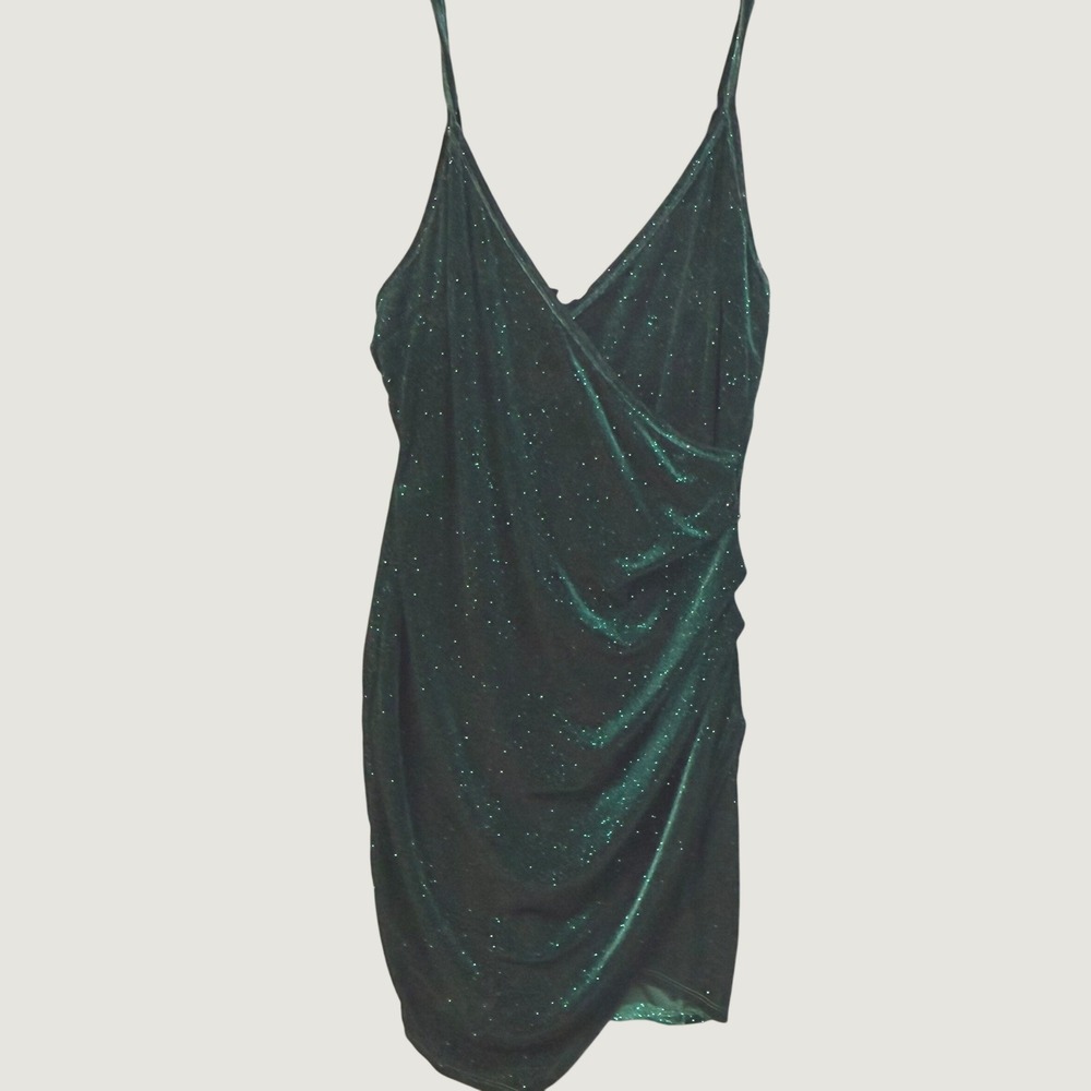 Windsor Womens Emerald Green Glitter Velvet Ruched Wrap Mini Dress Bodycon
